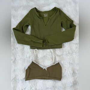 Out from under Olive Ribbed V-Neck Top Set